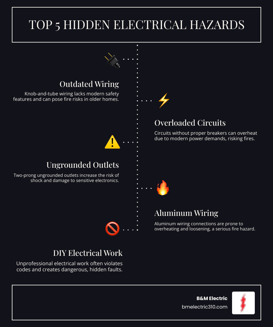 Infographic showing the top 5 hidden electrical hazards in older South Bay homes: outdated knob-and-tube wiring, overloaded circuits without proper breakers, two-prong ungrounded outlets, aluminum wiring connections prone to overheating, and DIY electrical work that doesn't meet code requirements - wiring inspection contractor south bay infographic infographic-line-5-steps-dark