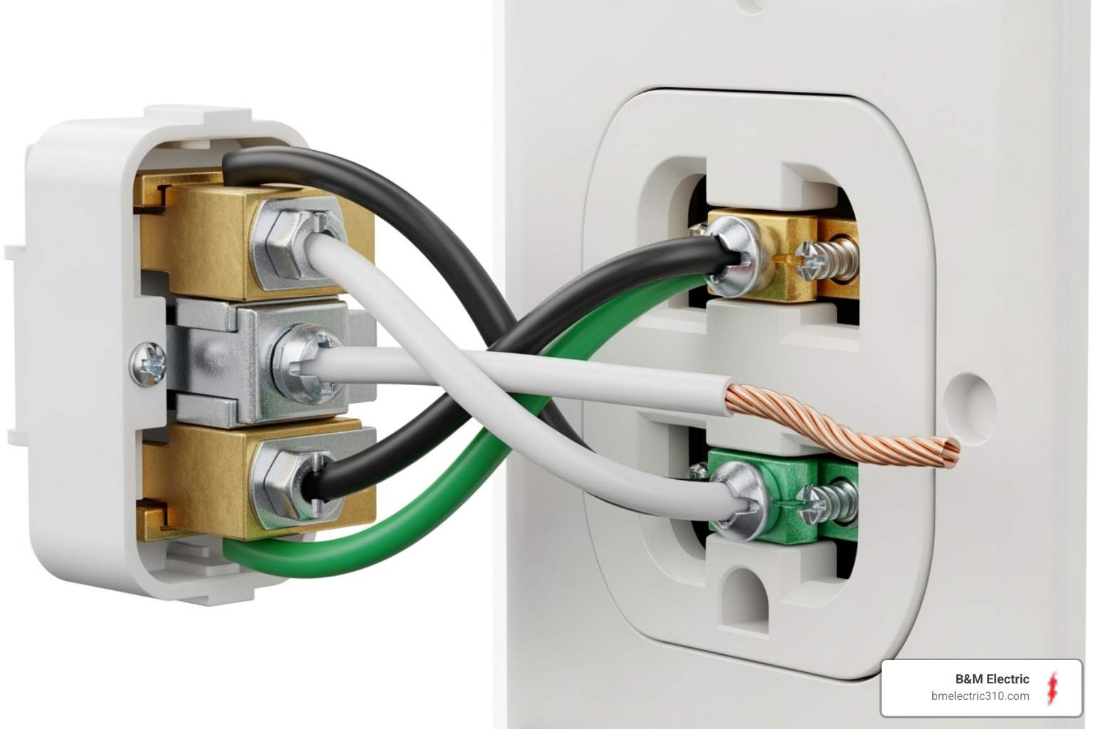 a correctly wired receptacle showing hot, neutral, and ground wires on the correct terminals - new electrical outlets