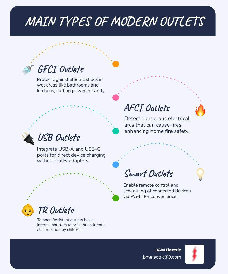 Infographic showing the main types of modern electrical outlets: Standard 15-amp and 20-amp receptacles, GFCI outlets for wet locations, AFCI outlets for fire protection, USB outlets with Type-A and Type-C charging ports, tamper-resistant outlets for child safety, and smart outlets with Wi-Fi connectivity. Each type includes an icon, primary use case, and key safety benefit. - new electrical outlets infographic infographic-line-5-steps-blues-accent_colors