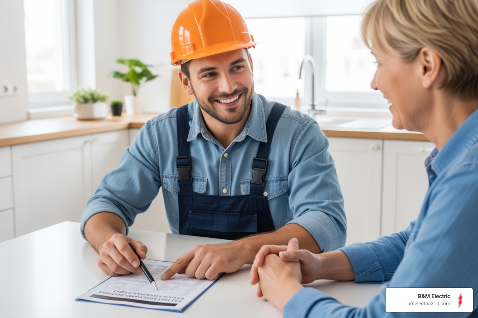 friendly electrician explaining a report to a homeowner - wiring inspection contractor south bay