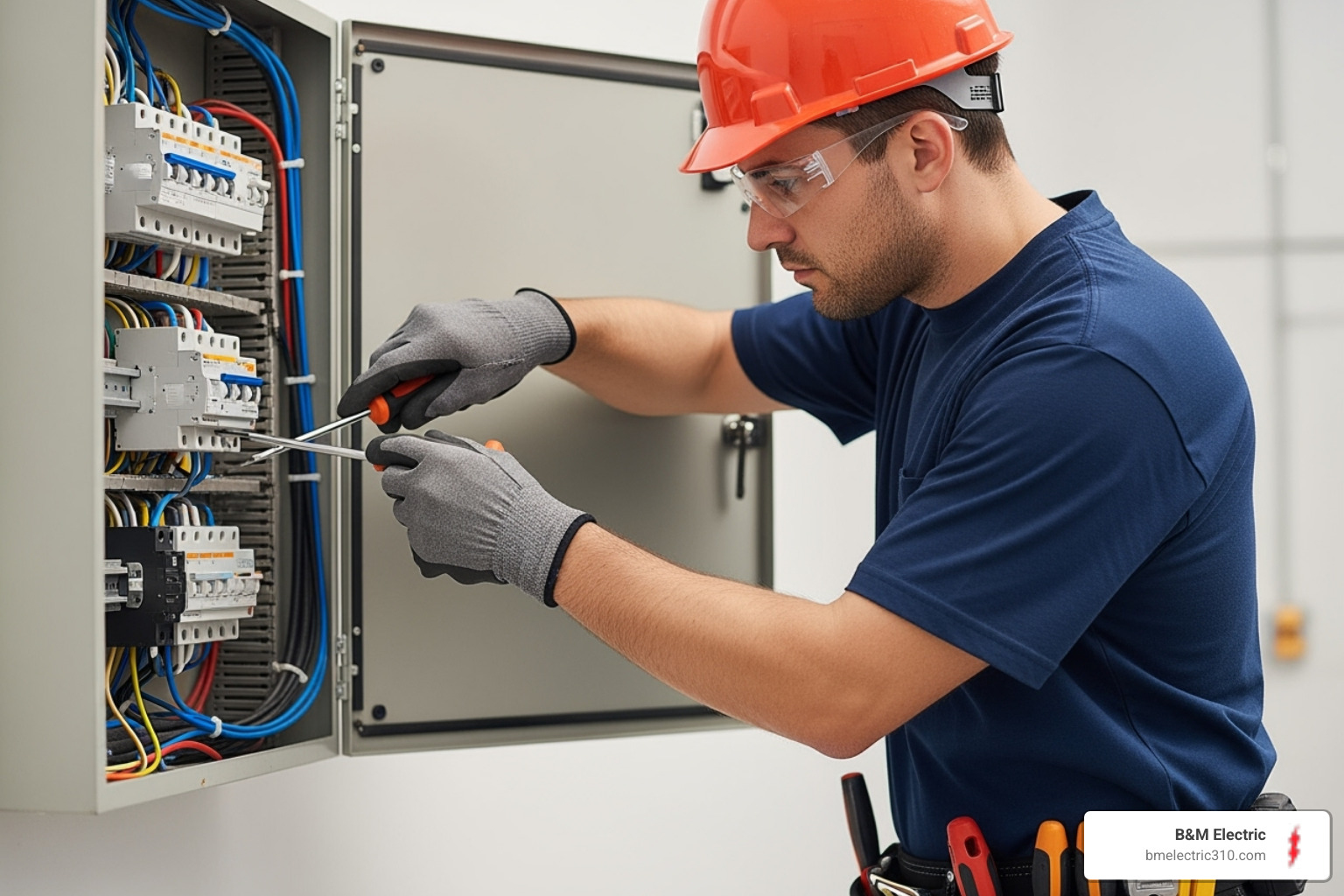 Licensed electrician carefully working on an open electrical panel. - electrical panel replacement south bay