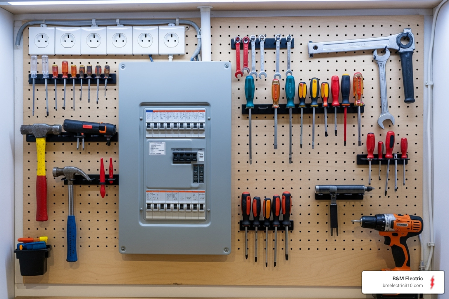 A neatly installed electrical subpanel on the wall of a well-organized home workshop, with tools hanging nearby and good lighting. - subpanel installation torrance