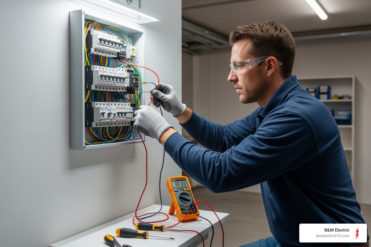 A licensed electrician, wearing safety glasses and gloves, carefully working on the internal wiring of a newly installed subpanel in a clean, well-lit residential setting. - subpanel installation torrance