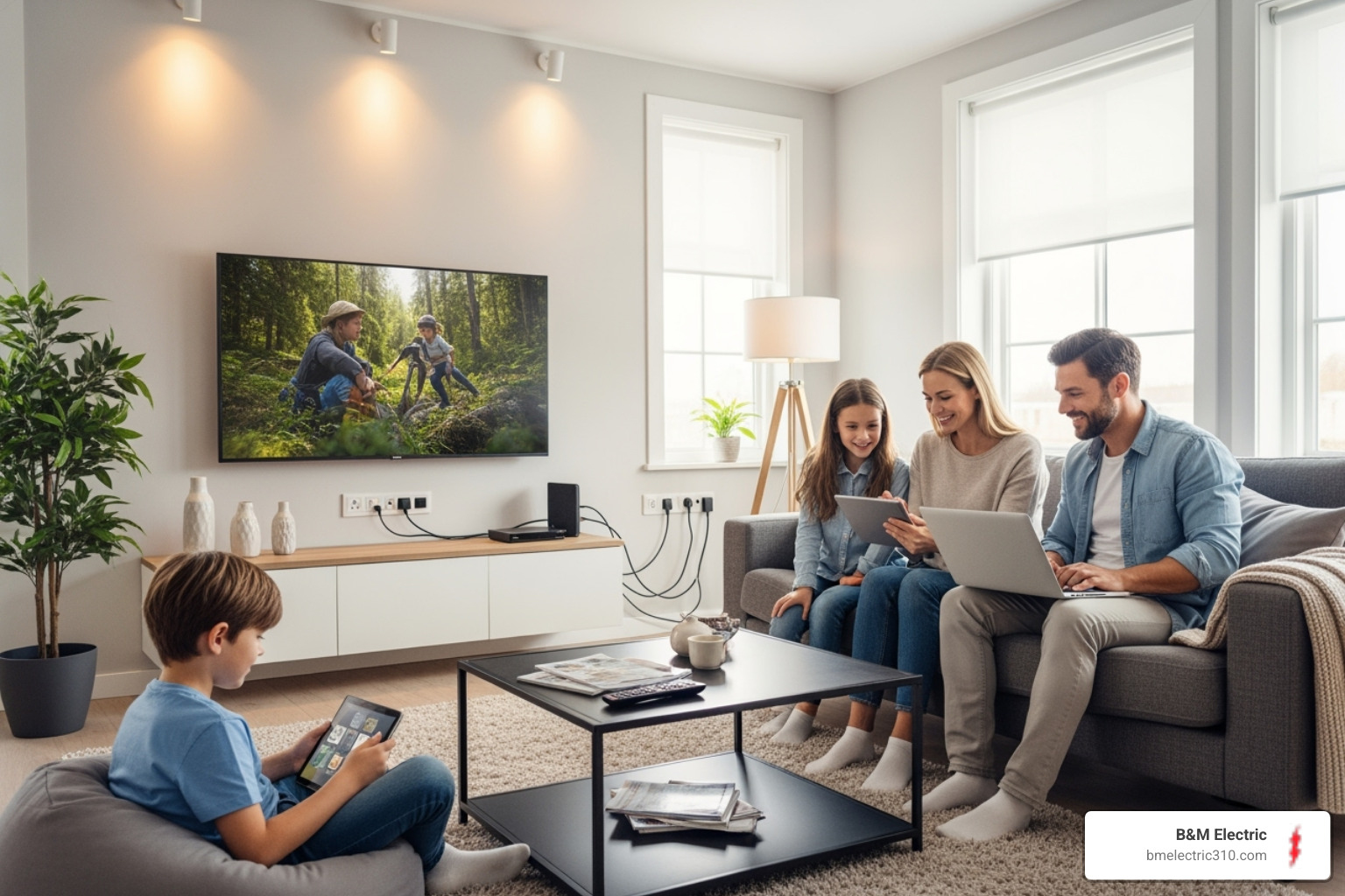 Family enjoying modern technology in their living room, powered by a reliable electrical system. - electrical panel replacement south bay