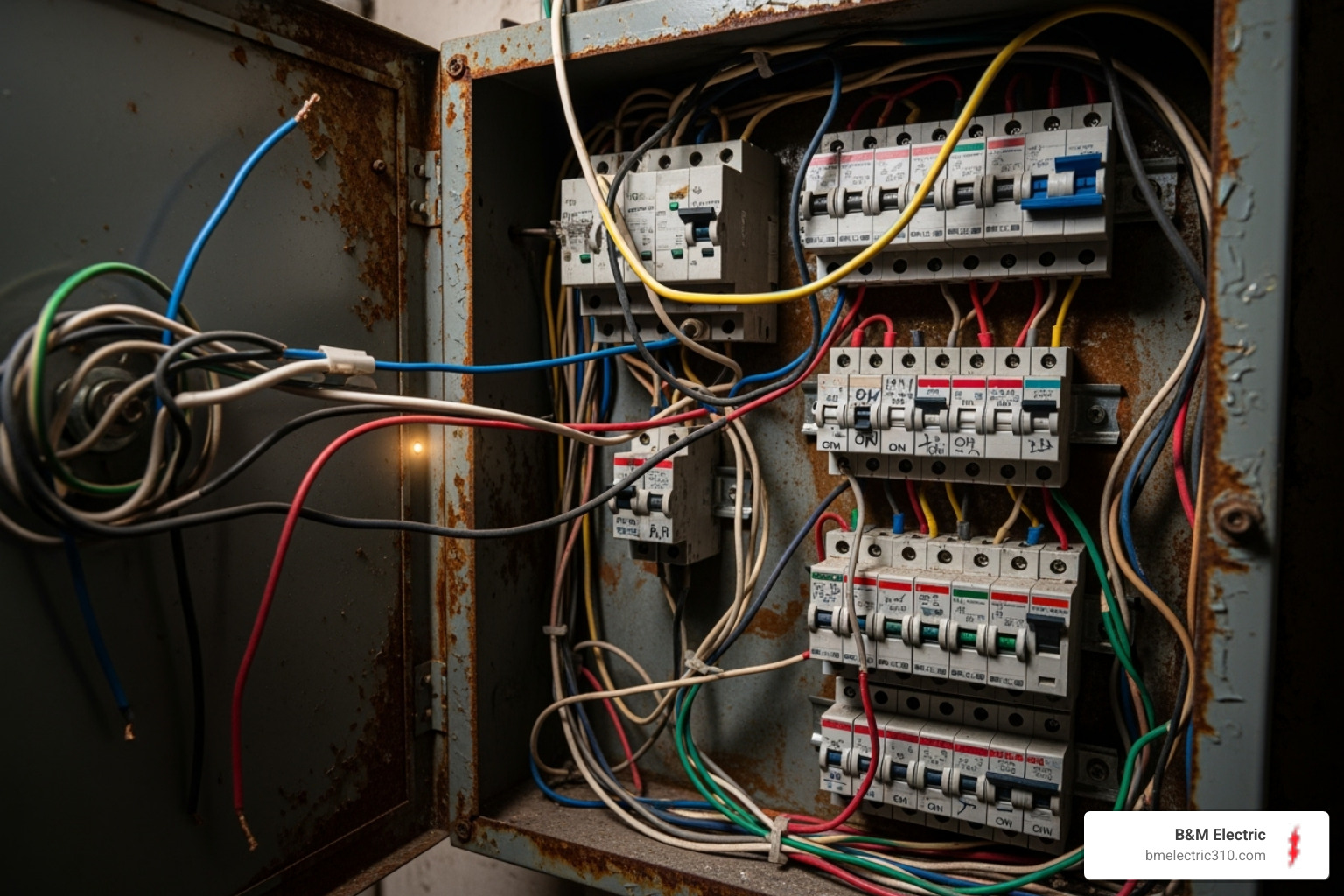 An image showing a tangled mess of wires and too many circuit breakers crammed into an old, visibly overflowing electrical panel, highlighting the dangers of an overcrowded system. - subpanel installation torrance