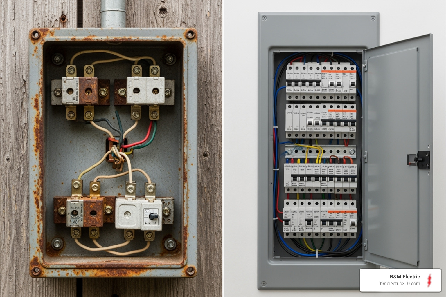 A comparison image showing an outdated, rusted fuse box on one side and a sleek, modern circuit breaker panel with clearly labeled breakers on the other, illustrating the difference in technology and safety. - subpanel installation torrance