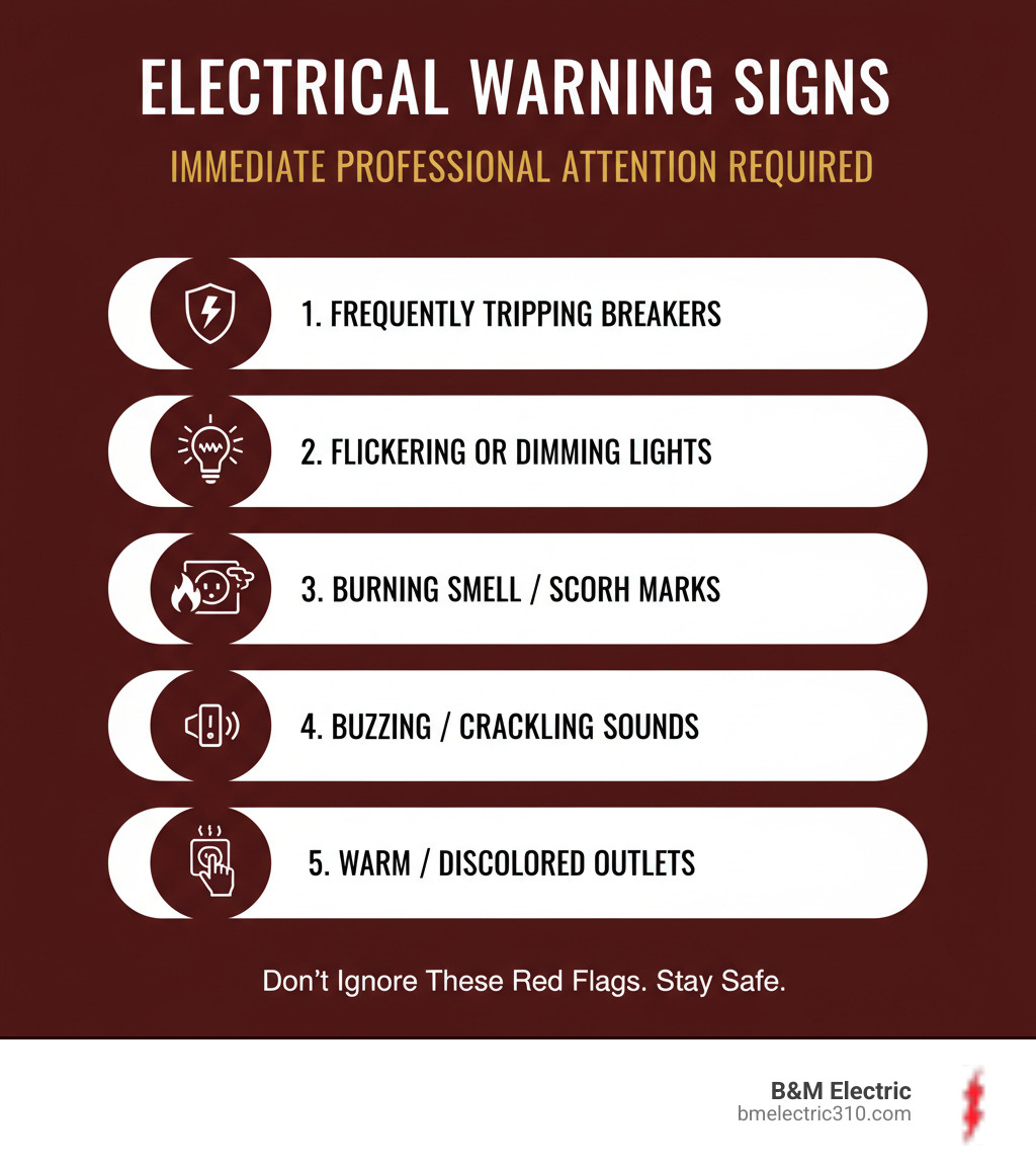 Infographic showing the top 5 electrical warning signs requiring immediate professional attention: frequently tripping circuit breakers, flickering or dimming lights, burning smell or scorch marks near outlets, buzzing or crackling sounds from switches, and warm or discolored outlet covers - electrical repair near me torrance infographic 