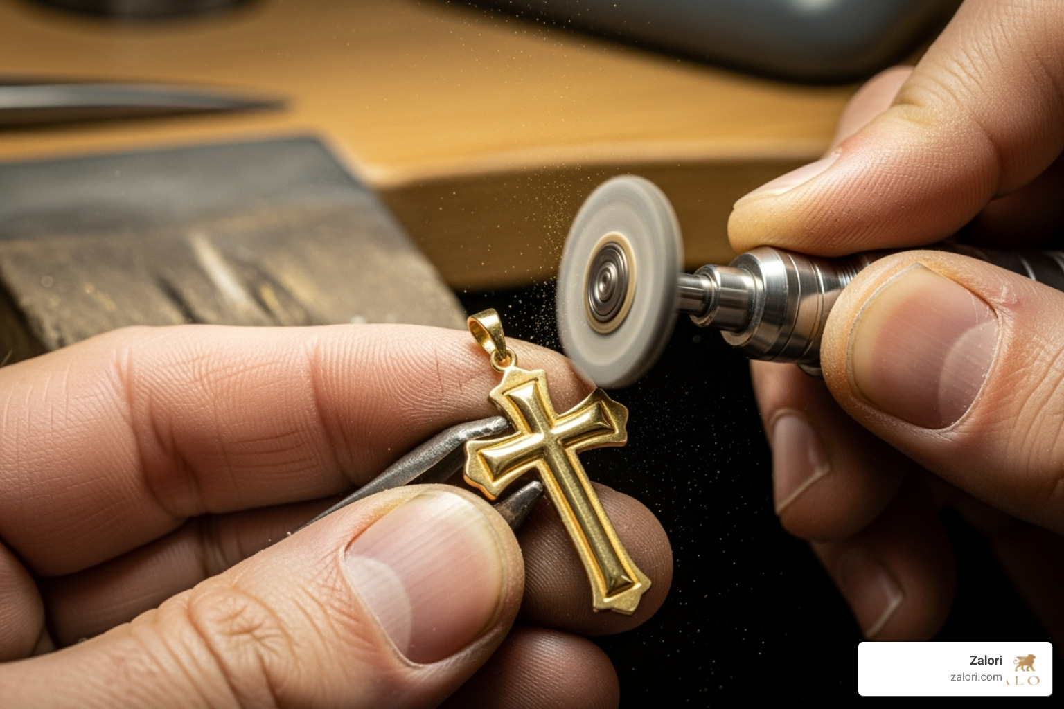jeweler's hands polishing a gold cross pendant, highlighting fine detail - mens cross necklace jeweler's hands polishing a gold cross pendant, highlighting fine detail - mens cross necklace