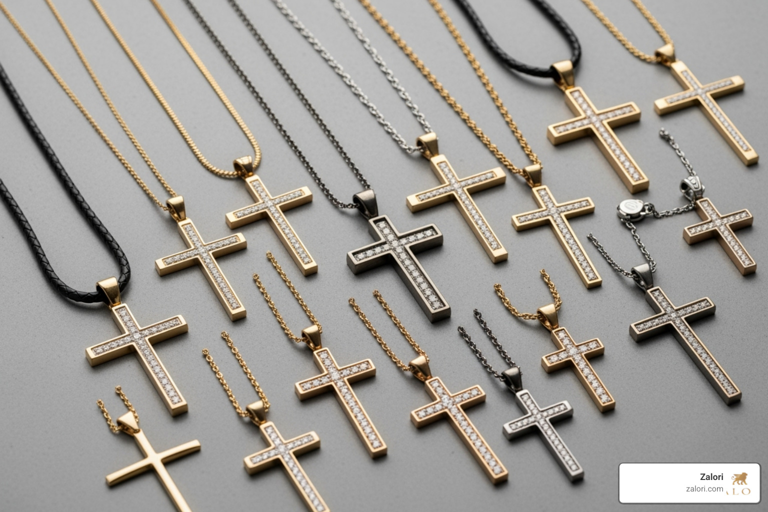 flat lay showcasing various cross necklace styles in gold, silver, and with diamonds - mens cross necklace flat lay showcasing various cross necklace styles in gold, silver, and with diamonds - mens cross necklace