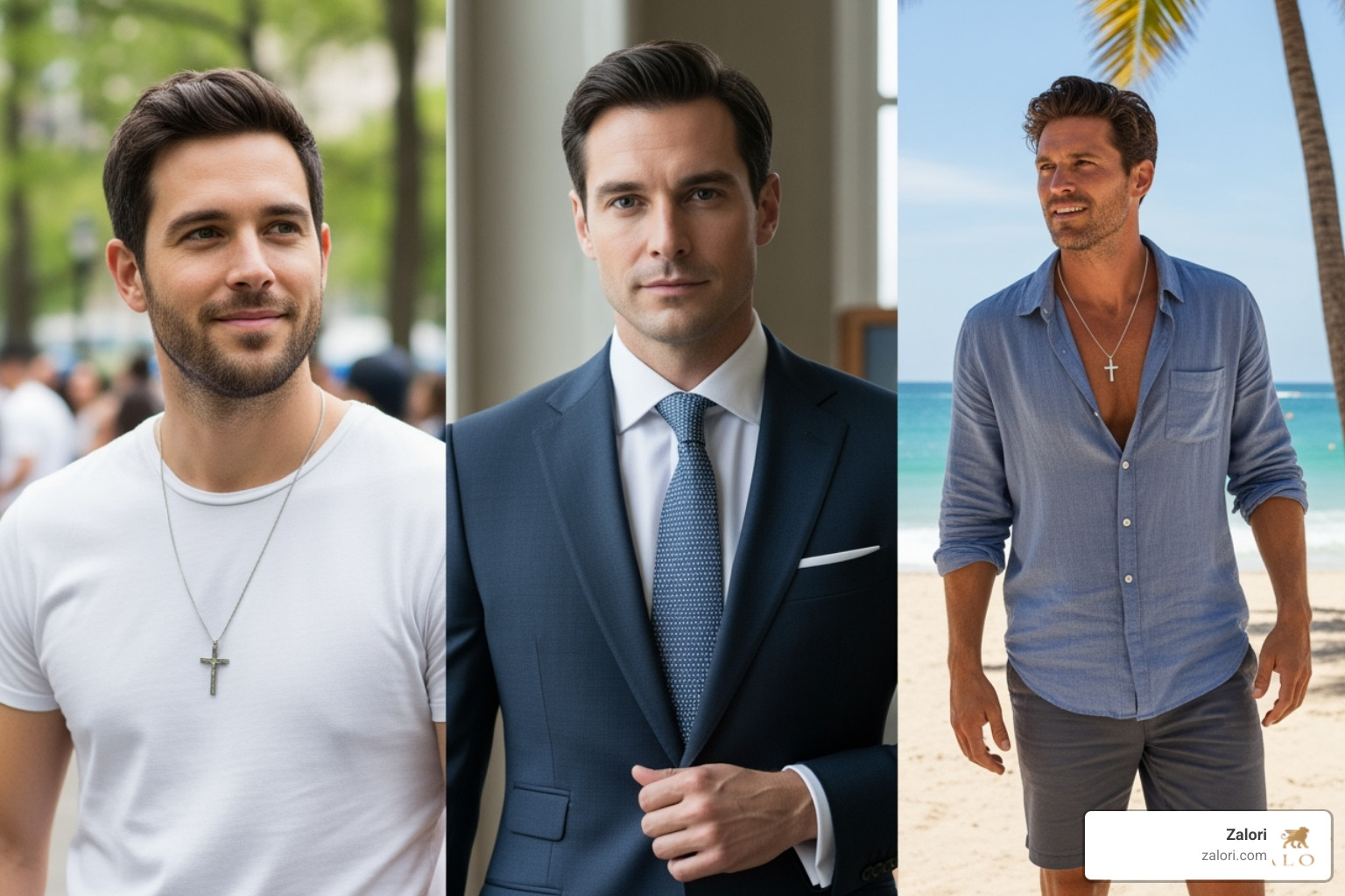 three different men wearing cross necklaces: one in a casual t-shirt, one with a formal suit, and one at a beach - mens cross necklace three different men wearing cross necklaces: one in a casual t-shirt, one with a formal suit, and one at a beach - mens cross necklace