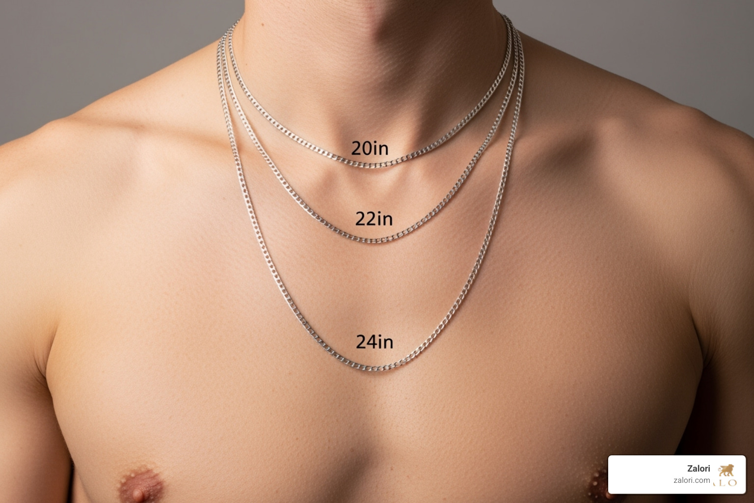 male model's torso showing where 20", 22", and 24" chains fall - mens cross necklace male model's torso showing where 20", 22", and 24" chains fall - mens cross necklace