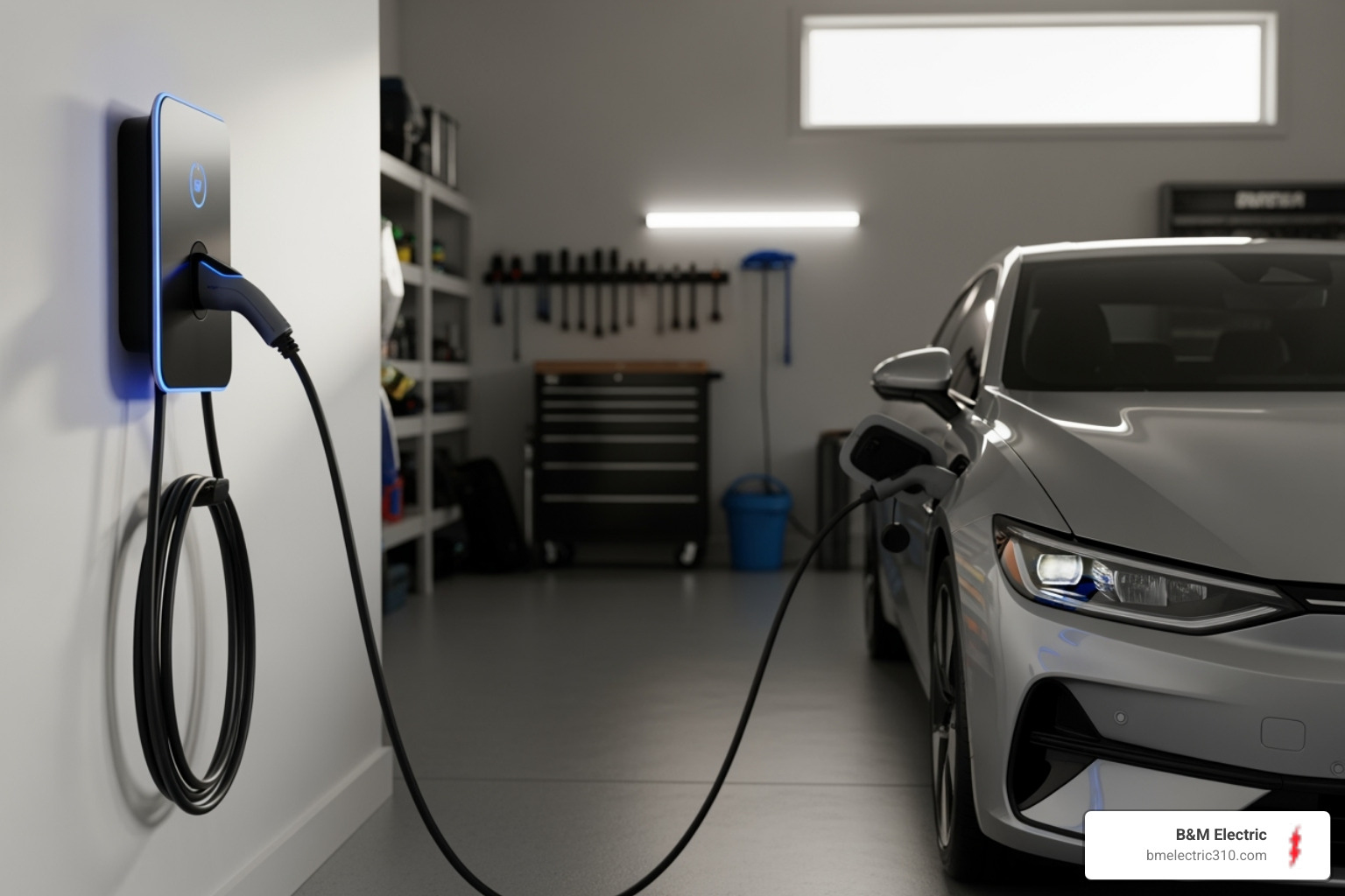 modern EV charger in residential garage - electrical repair near me torrance