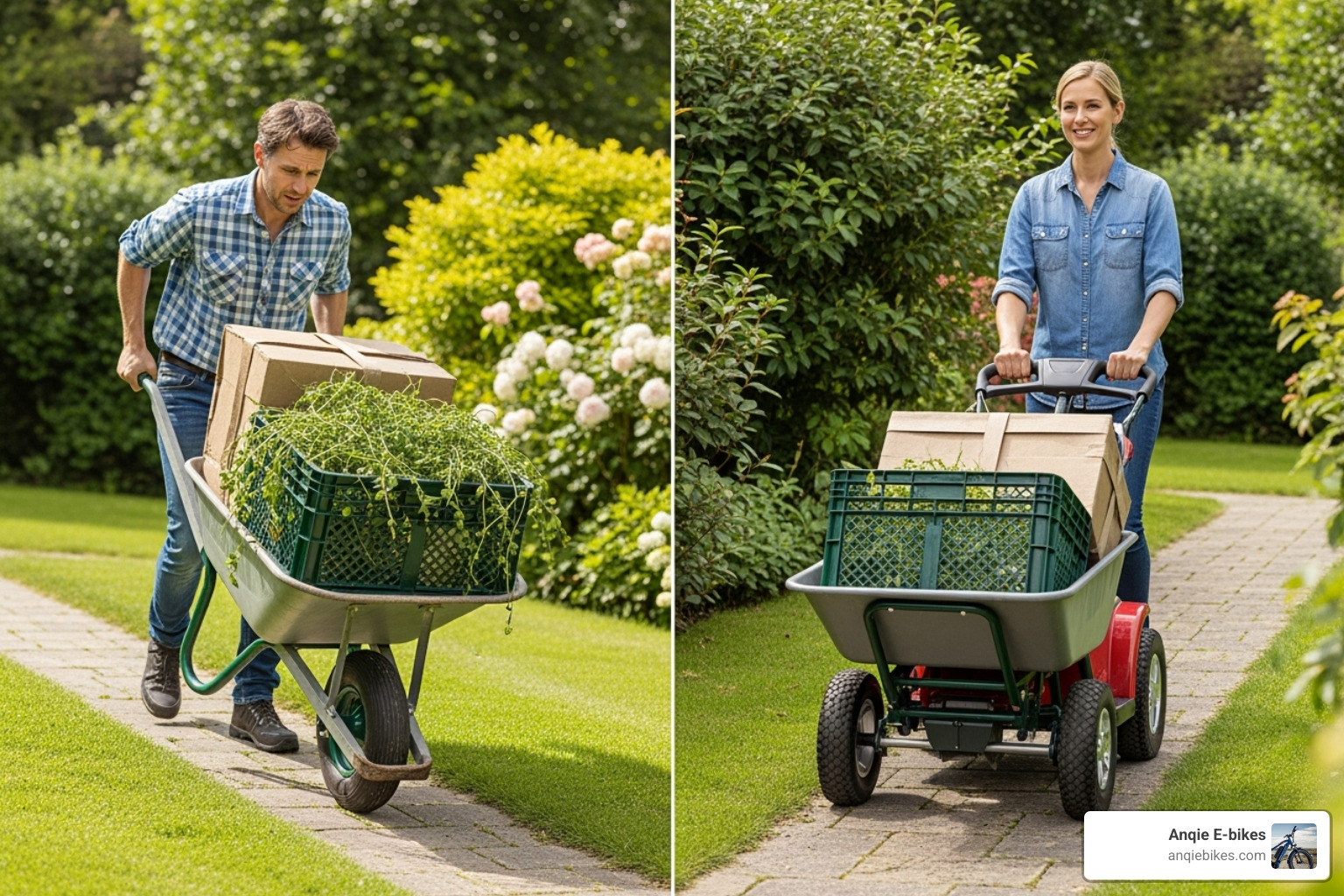 person struggling with manual wheelbarrow versus person easily guiding electric cart - Electric garden cart