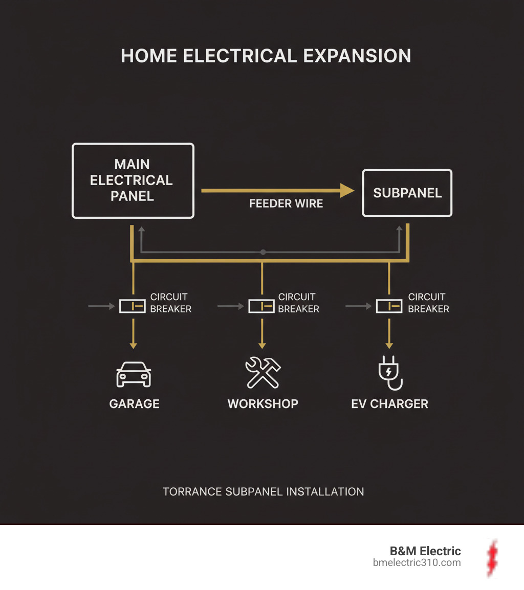 Infographic showing a main electrical panel with a single feeder wire running to a subpanel, which then distributes power to multiple branch circuits serving a garage, workshop, and EV charger, with clear labels indicating power flow and circuit breaker locations - subpanel installation torrance infographic 