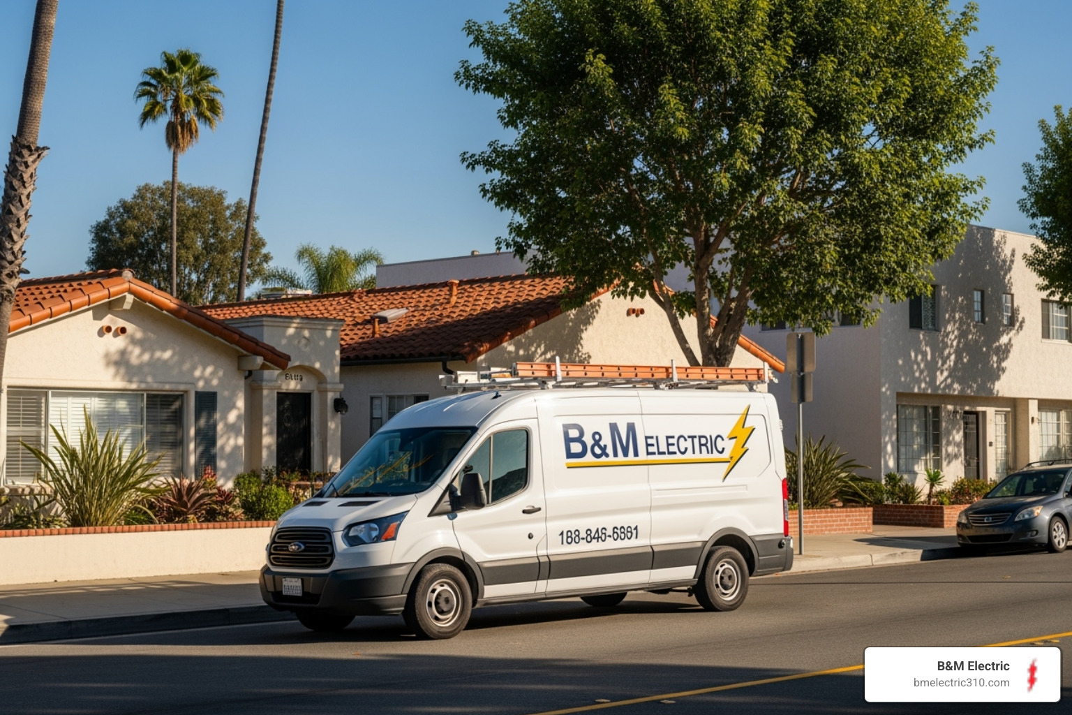 B&M Electric van driving through Torrance, CA - construction electrician near me