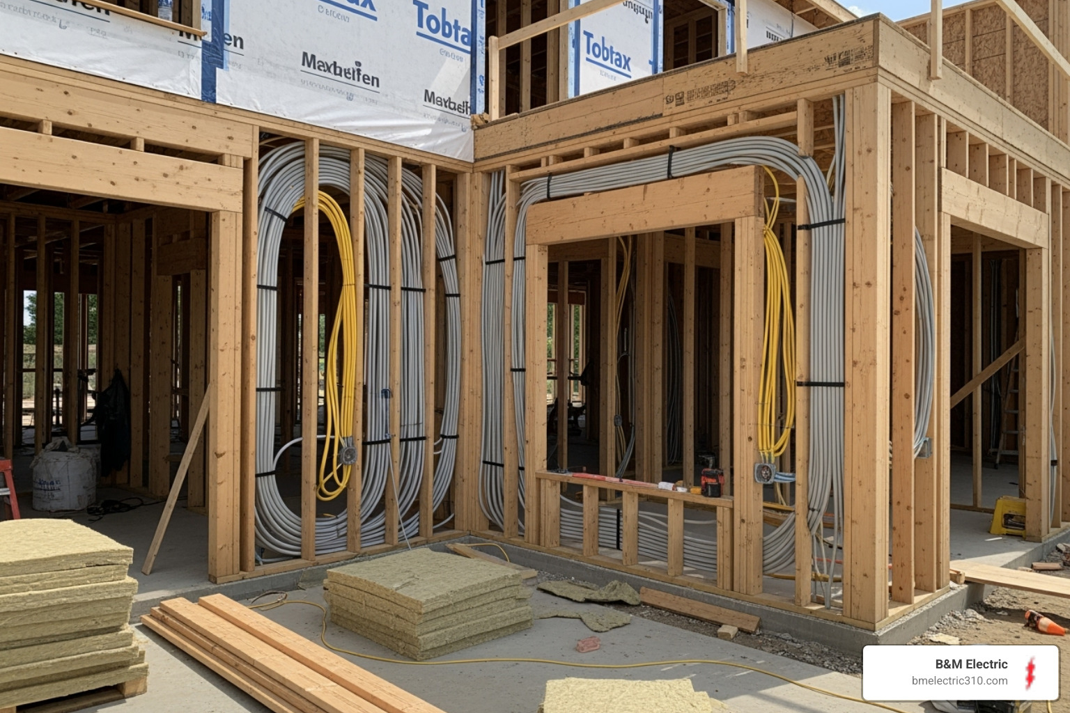 Large home addition under construction, showing the complexity of the new wiring - construction electrician near me