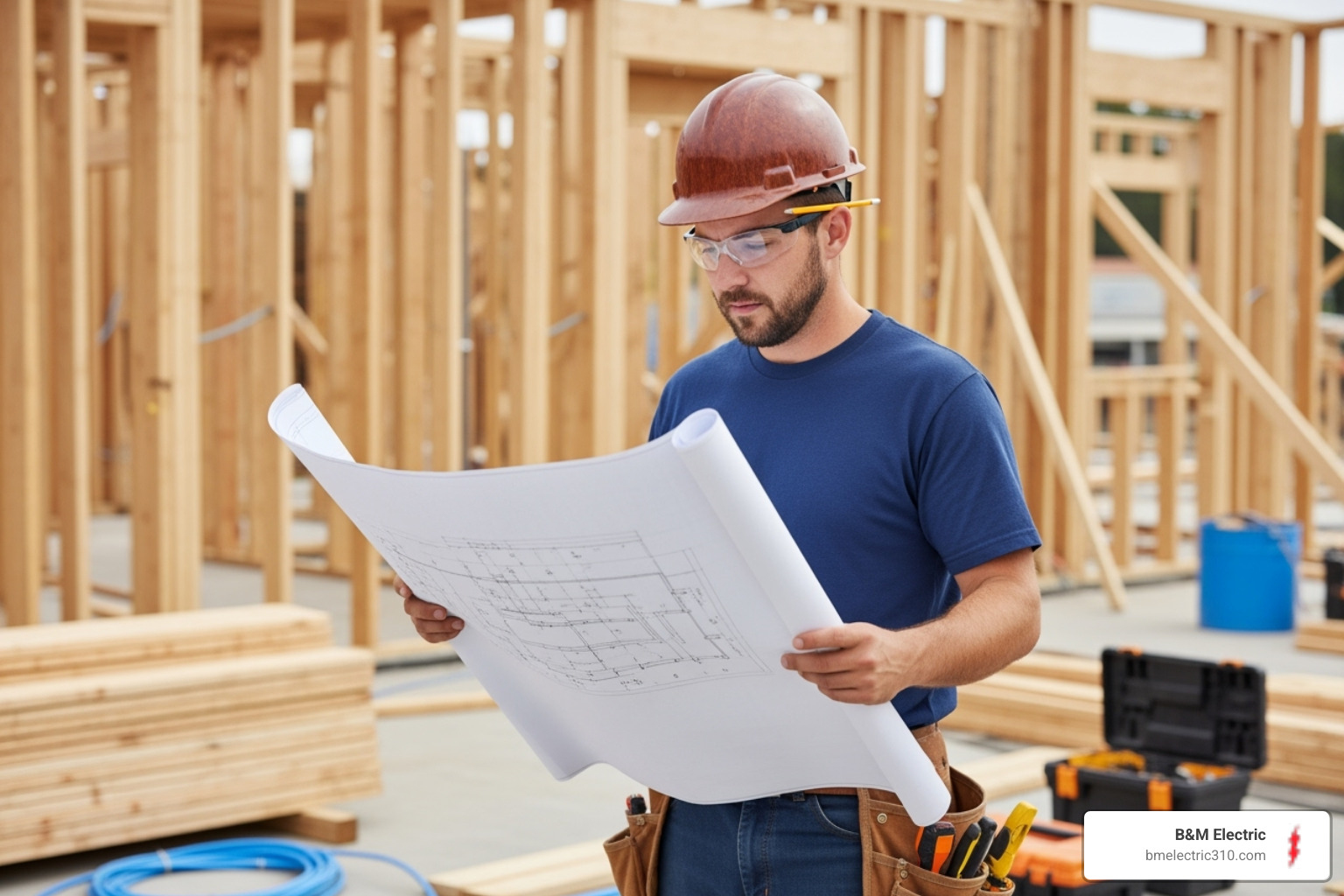 Construction electrician reviewing blueprints on a construction site with exposed wall studs - construction electrician near me