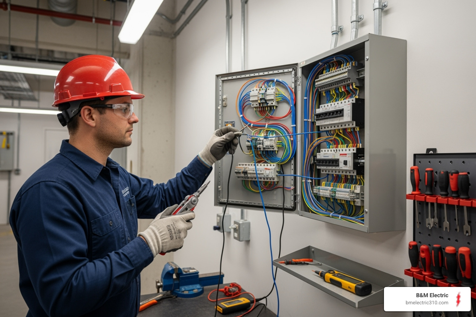 Electrician safely working on an electrical panel - construction electrician near me