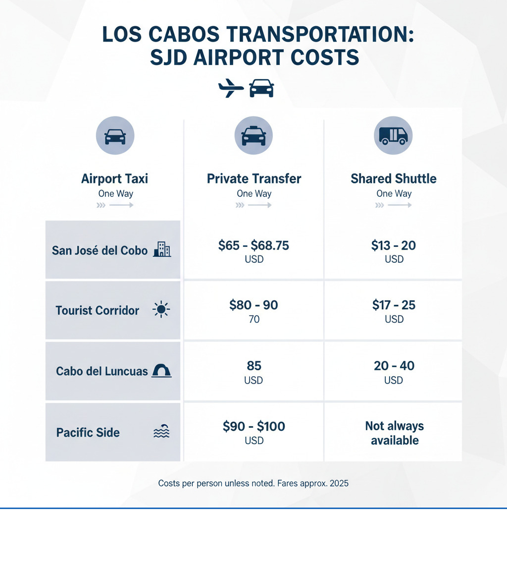 Infographic showing a comparison of transportation costs from SJD Airport to popular Los Cabos destinations for different service types - Taxi Service San José del Cabo infographic 
