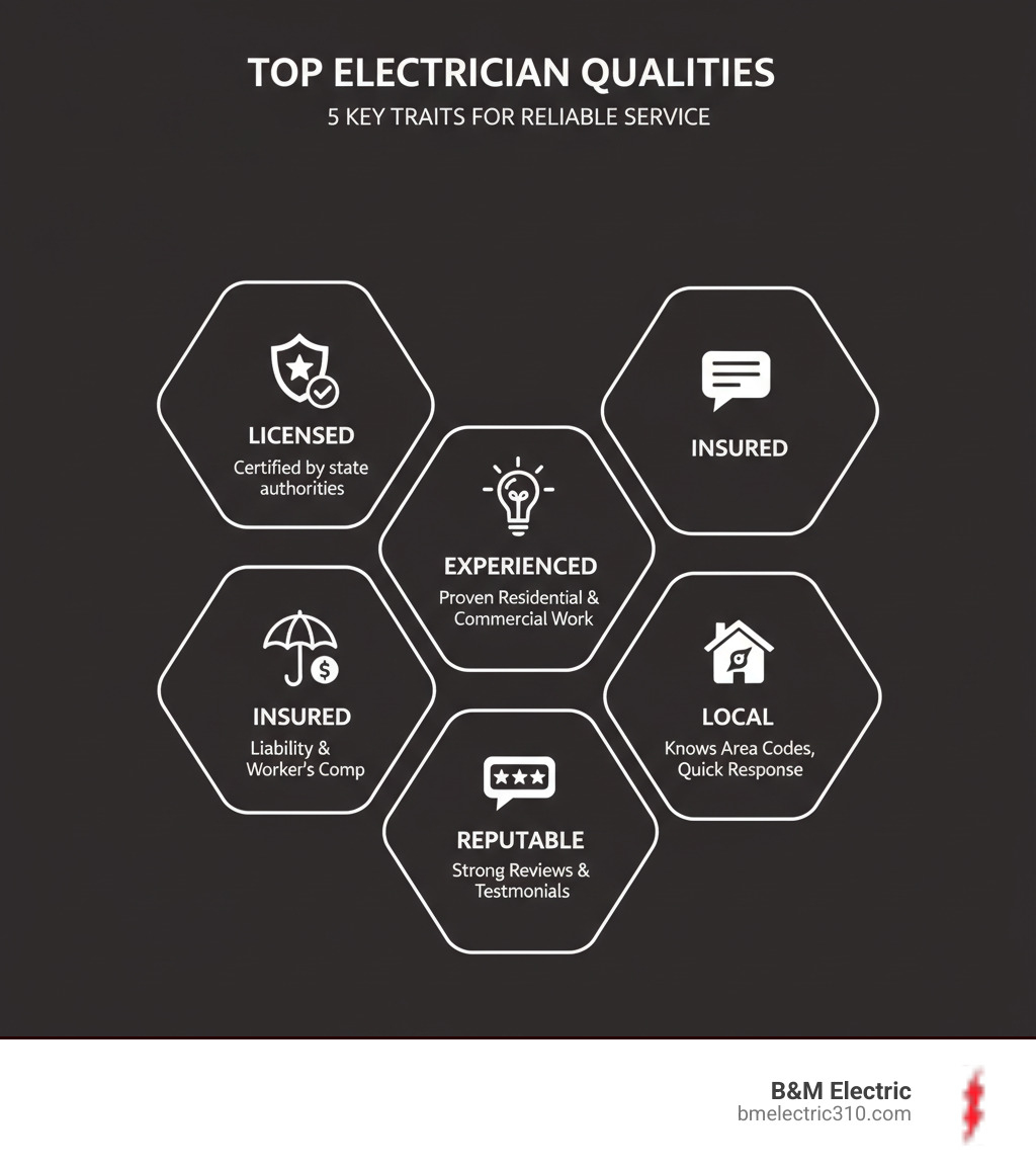 Infographic showing 5 key qualities of top electricians: 1. Licensed - Certified by state authorities like CSLB in California, 2. Insured - Carries liability and worker's compensation coverage, 3. Experienced - Years of proven work in residential and commercial settings, 4. Reputable - Strong reviews and testimonials from local customers, 5. Local - Knows area codes, responds quickly, and supports the community - best electrician company near me infographic 