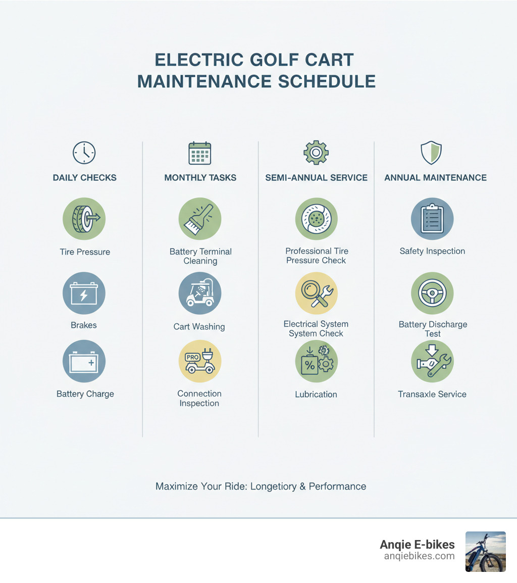 Comprehensive Electric Golf Cart Maintenance Schedule showing daily checks (tire pressure, brakes, battery charge), monthly tasks (battery terminal cleaning, cart washing, connection inspection), semi-annual service (professional tire pressure check, brake inspection, electrical system check, lubrication), and annual maintenance (safety inspection, alignment check, battery discharge test, transaxle service) - Electric golf cart maintenance infographic 