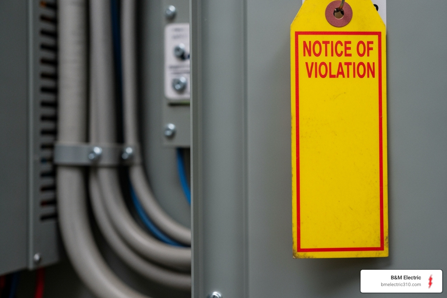 Notice of Violation tag on an electrical panel - electrical code audit torrance