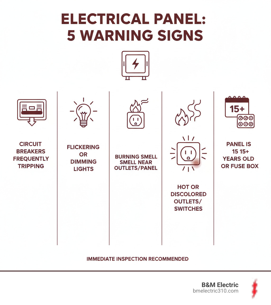 Infographic showing the top 5 warning signs that indicate your electrical panel needs immediate inspection: 1) Circuit breakers frequently tripping, 2) Flickering or dimming lights when appliances turn on, 3) Burning smell near outlets or panel, 4) Hot or discolored outlets and switches, 5) Panel is 15+ years old or contains a fuse box - electrical panel inspection torrance infographic 