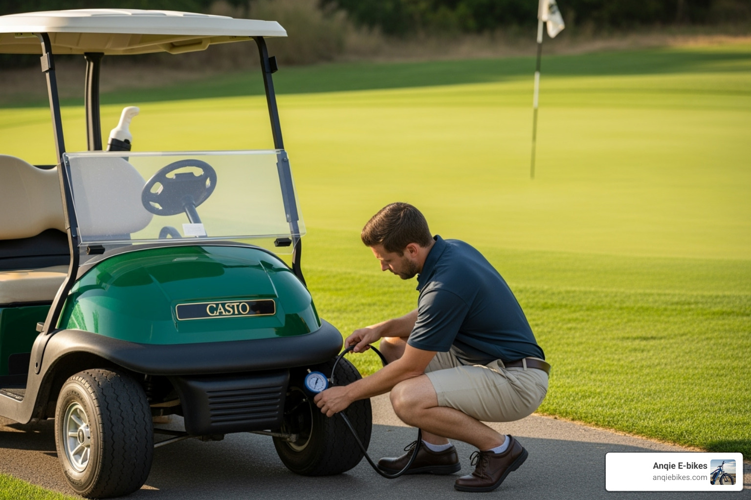 Person checking tire pressure - Electric golf cart maintenance