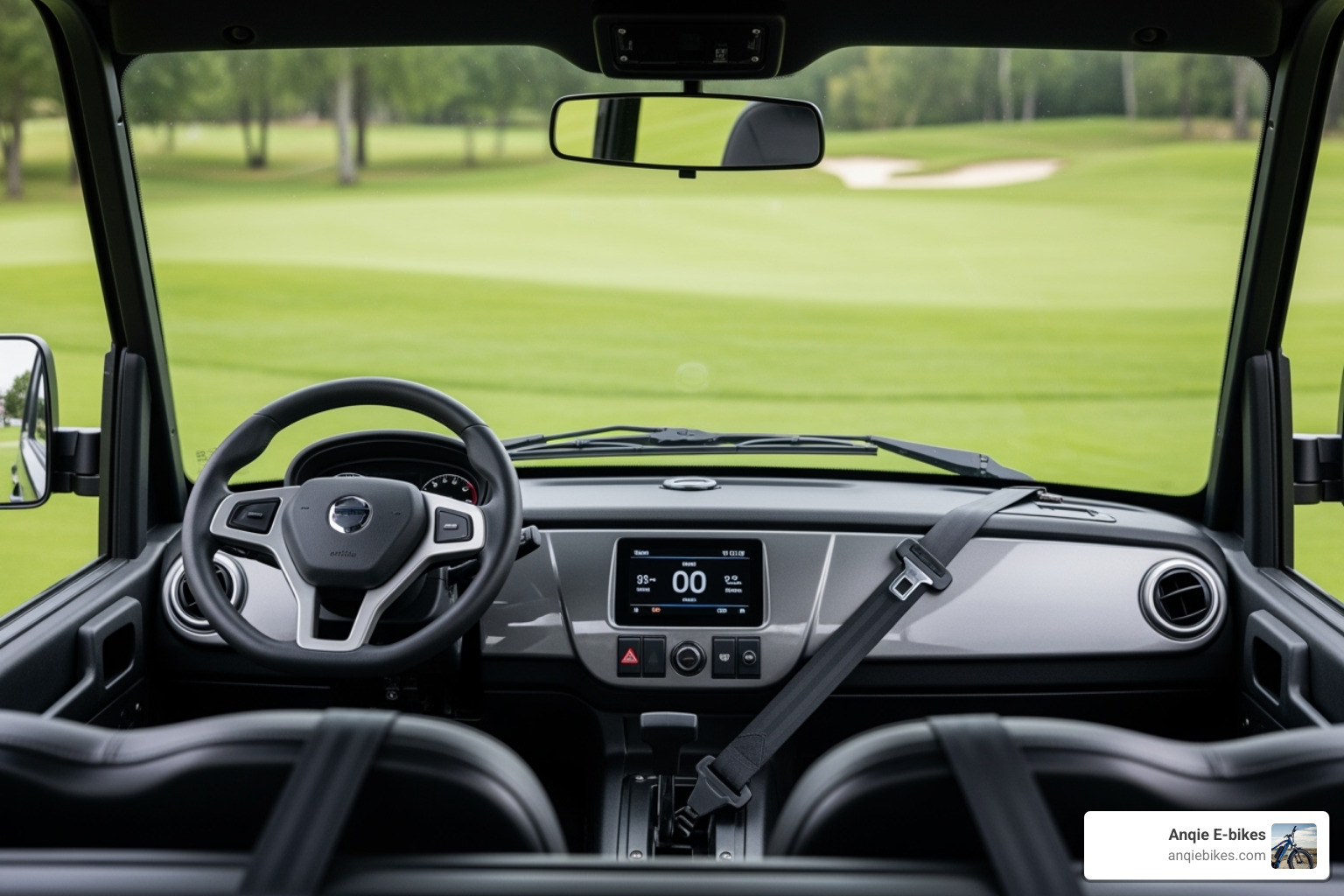 Interior showing the seat belts and rear-view mirror - 2024 vitacci wow 1200 electric mini golf cart Interior showing the seat belts and rear-view mirror - 2024 vitacci wow 1200 electric mini golf cart