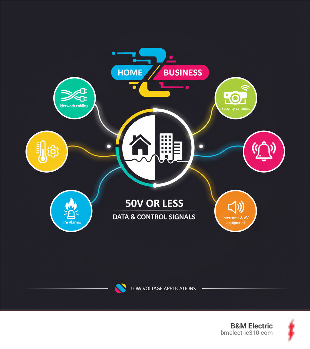 Infographic showing common low voltage applications in homes and businesses, such as network cabling, security cameras, smart thermostats, doorbells, fire alarms, intercoms, and AV equipment, all operating at 50V or less for data and control signals. - low voltage electrical contractors near me infographic 