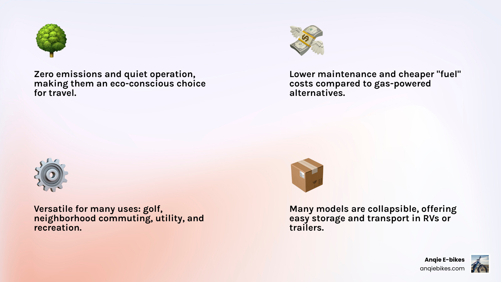 Infographic showing the four main benefits of small electric carts: Eco-Friendly (zero emissions, quiet operation), Cost-Effective (low maintenance, cheaper fuel costs than gas), Versatile (multiple uses from recreation to utility), and Portable (collapsible options, easy storage, fits in vehicles) - small electric carts infographic 4_facts_emoji_light-gradient