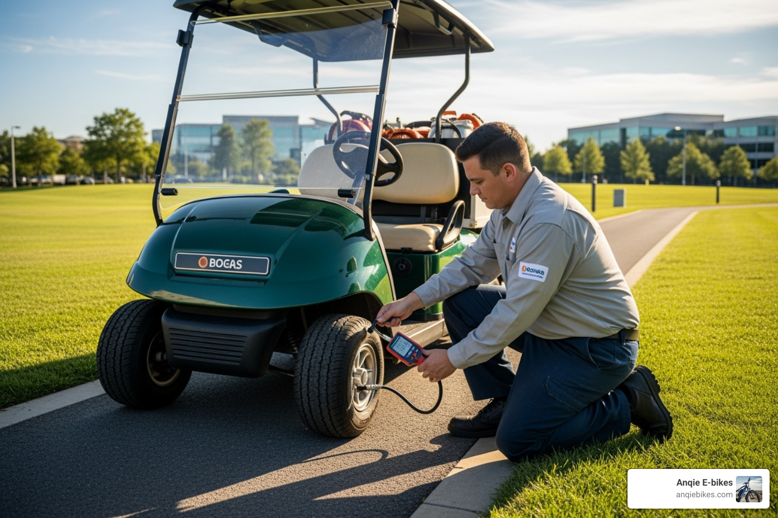 Someone performing simple maintenance, like checking tire pressure on a small electric cart. - small electric carts
