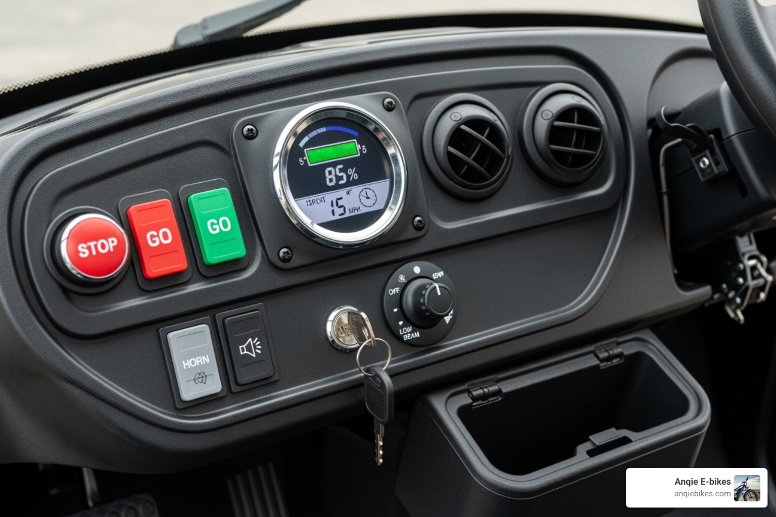 A dashboard of a small electric cart showing the battery meter and controls. - small electric carts