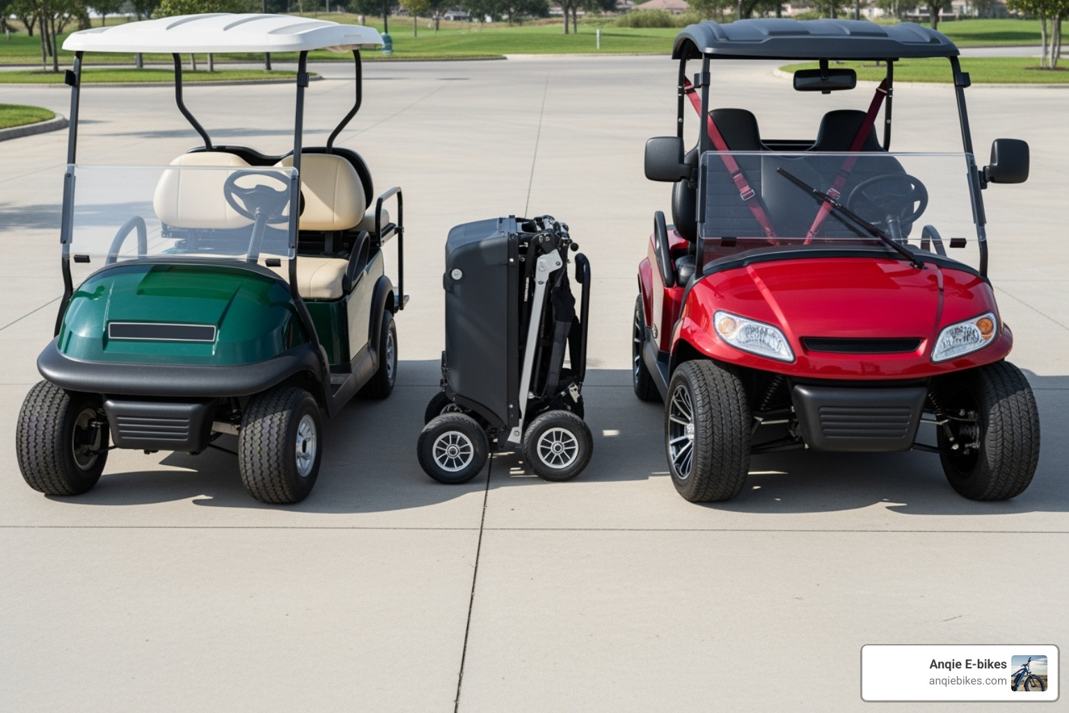 Three different types of carts side-by-side: a standard 4-seater, a folded collapsible cart, and a street-legal LSV. - small electric carts