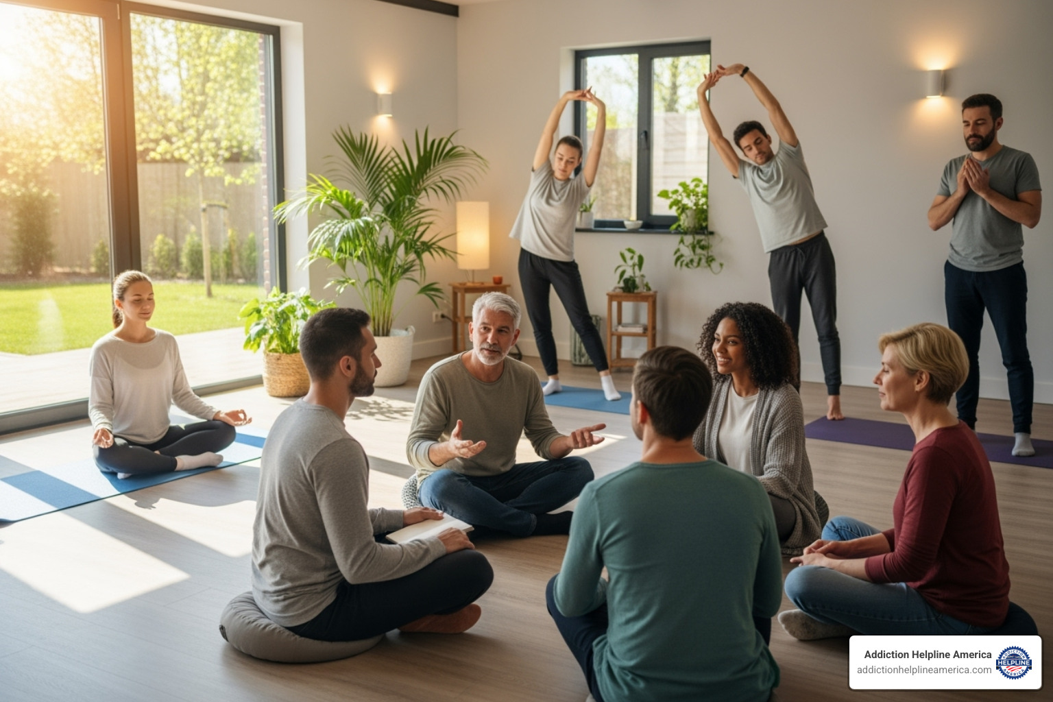 a diverse group of people engaged in therapy, some talking, some meditating, some exercising - Anxiety treatment New Orleans