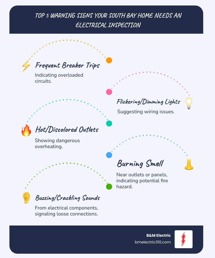 Infographic showing the top 5 warning signs your South Bay home needs an electrical inspection: 1) Frequent circuit breaker trips indicating overloaded circuits, 2) Flickering or dimming lights suggesting wiring issues, 3) Hot or discolored outlets showing dangerous overheating, 4) Burning smell near outlets or panels indicating potential fire hazard, 5) Buzzing or crackling sounds from electrical components signaling loose connections - home electrical inspection south bay infographic infographic-line-5-steps-blues-accent_colors
