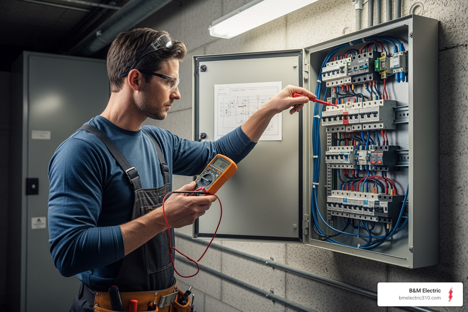 electrician examining a circuit breaker panel - home electrical inspection south bay