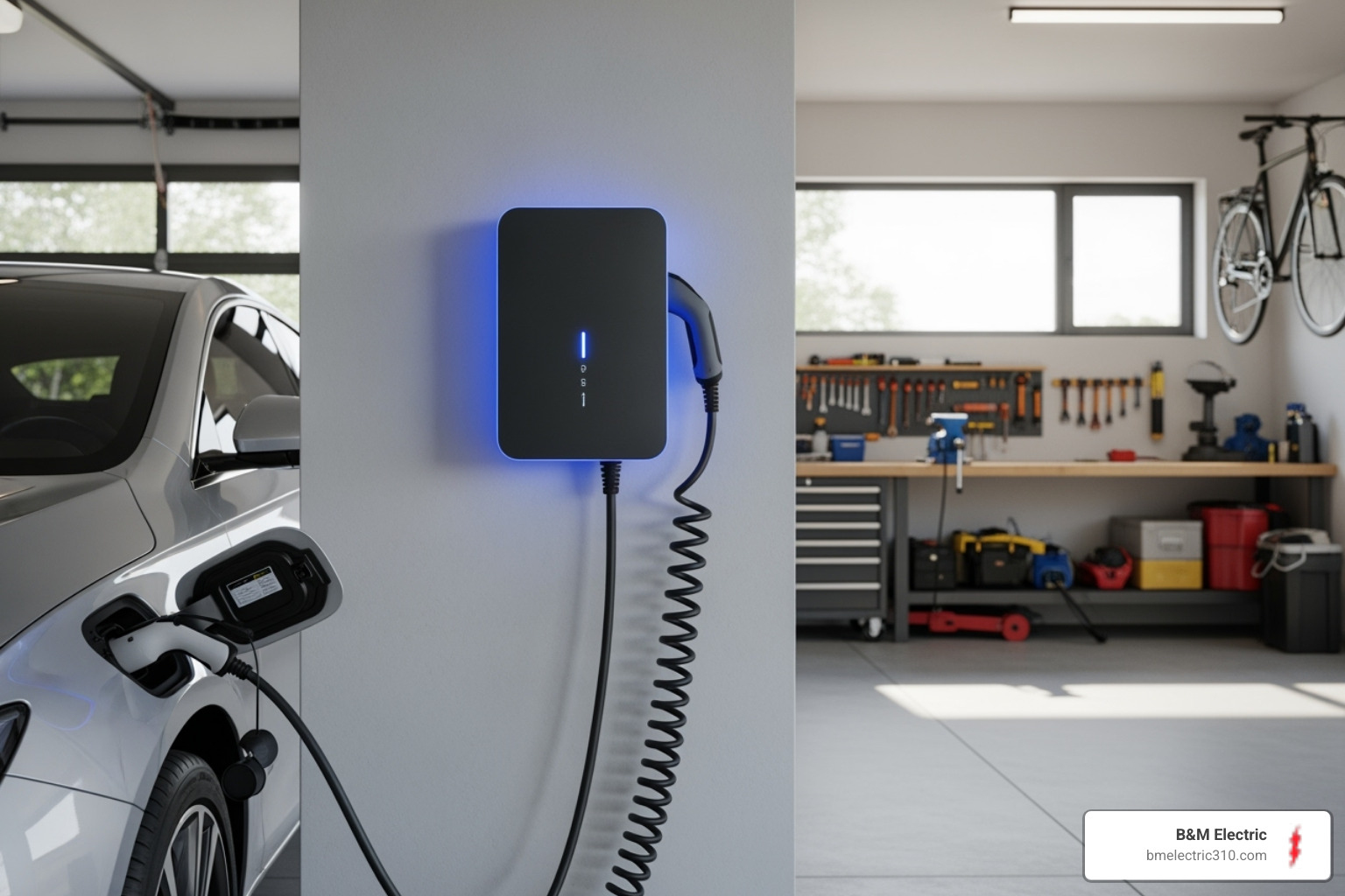 a sleek, wall-mounted EV charger in the garage of a new home - new construction electrician near me a sleek, wall-mounted EV charger in the garage of a new home - new construction electrician near me