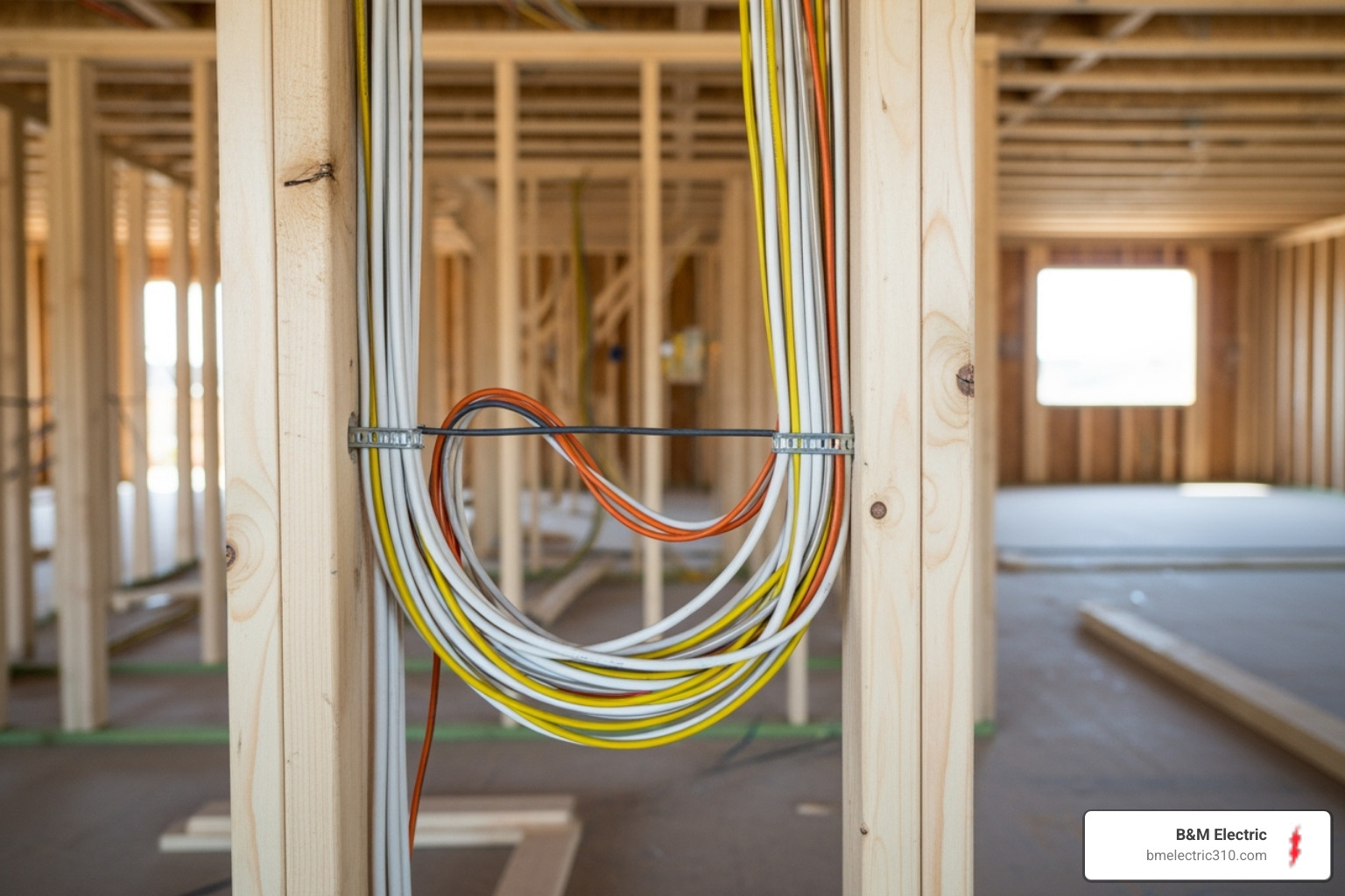 neatly organized wires running through wall studs during the rough-in phase - new construction electrician near me neatly organized wires running through wall studs during the rough-in phase - new construction electrician near me