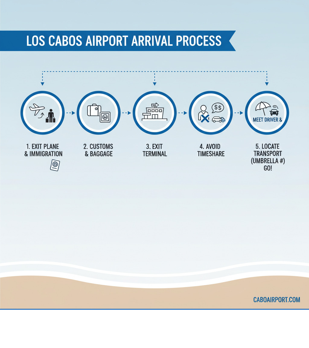 Infographic showing the step-by-step process from landing at Los Cabos International Airport: 1) Exit plane and walk to immigration, 2) Clear customs and collect baggage, 3) Exit terminal building, 4) Avoid timeshare salespeople, 5) Locate your transportation provider at the designated umbrella number, 6) Meet your driver and begin your journey - Los Cabos Airport taxi infographic 