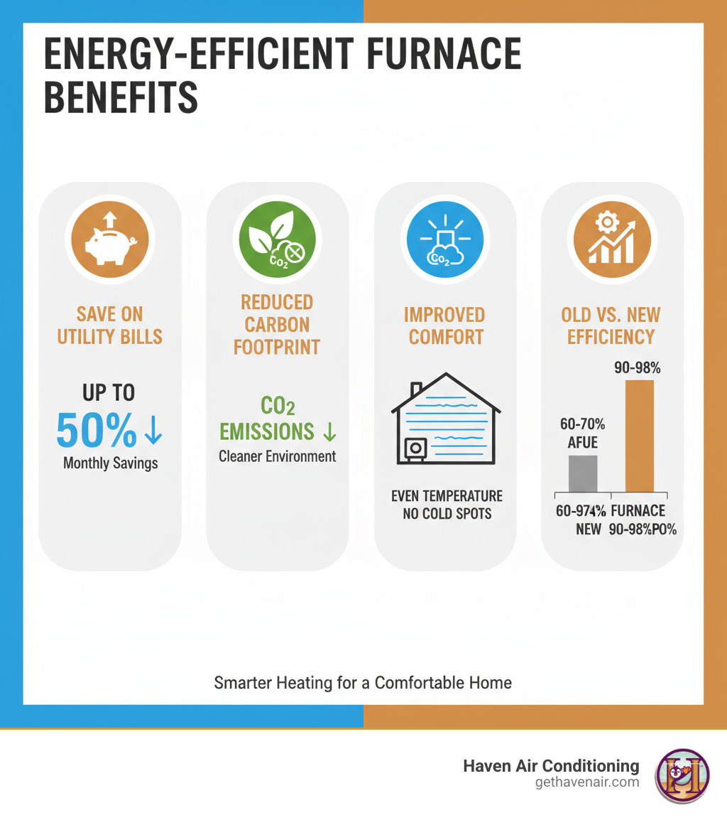 infographic showing energy efficient furnace benefits including percentage savings on utility bills, reduced carbon footprint with CO2 reduction icons, improved comfort with even temperature distribution diagram, and comparison of old vs new furnace efficiency ratings - energy efficient furnace service costa mesa infographic infographic showing energy efficient furnace benefits including percentage savings on utility bills, reduced carbon footprint with CO2 reduction icons, improved comfort with even temperature distribution diagram, and comparison of old vs new furnace efficiency ratings - energy efficient furnace service costa mesa infographic
