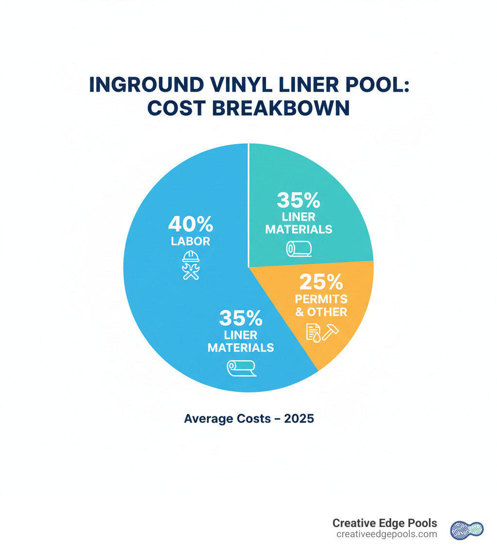 Average cost breakdown of an inground vinyl liner pool installation showing 40% labor costs, 35% liner materials, and 25% for permits, draining, refilling, disposal, and floor repairs - average cost of inground pool with liner infographic 