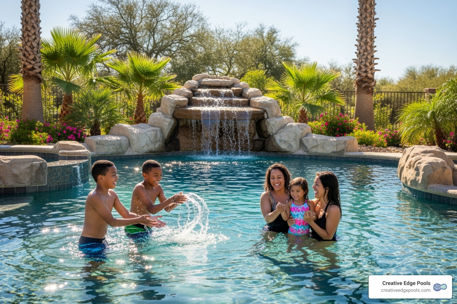 family enjoying their pool with a beautiful waterfall in the background - backyard pool waterfall family enjoying their pool with a beautiful waterfall in the background - backyard pool waterfall