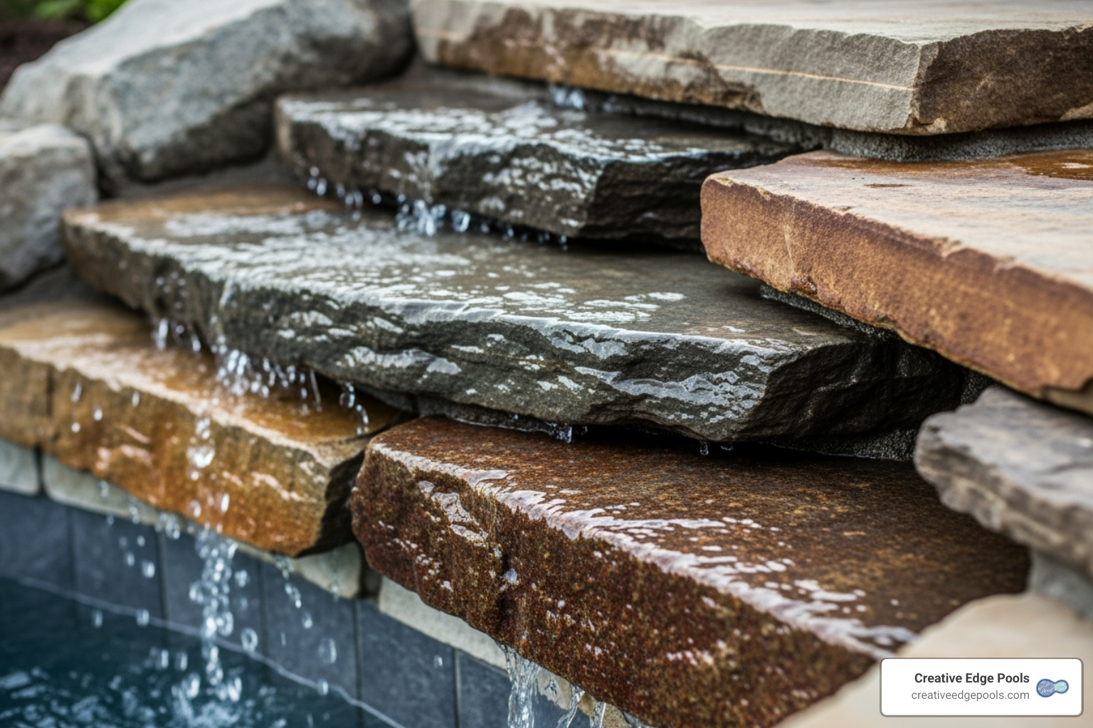 close-up on waterfall materials like stacked natural stone - backyard pool waterfall close-up on waterfall materials like stacked natural stone - backyard pool waterfall