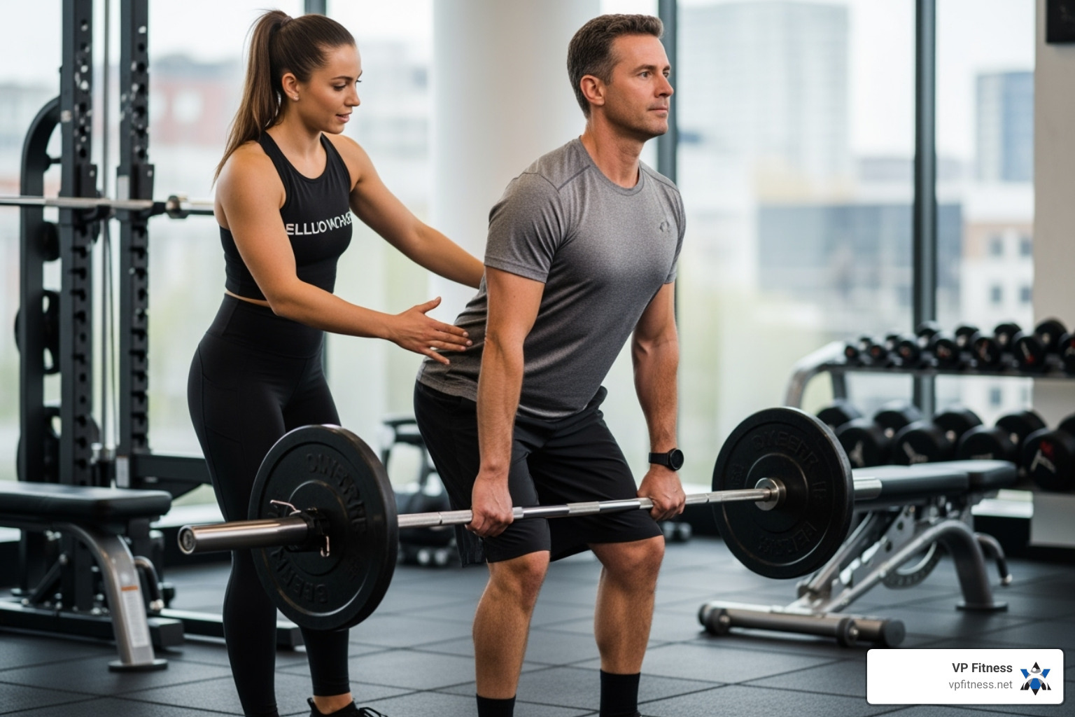 a trainer correcting a client's form on a compound lift - find personal trainer
