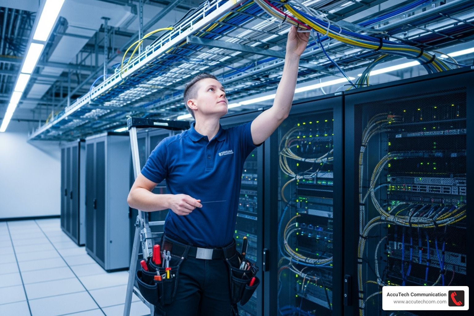 installer working on an overhead cable tray - data center cable installation