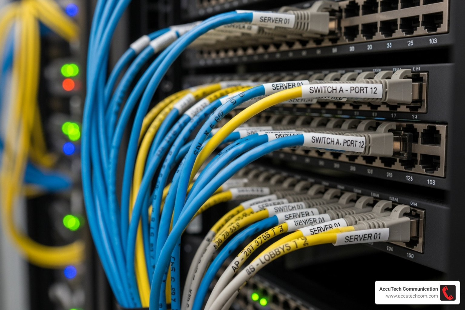 clearly labeled cables connected to a patch panel - data center cable installation