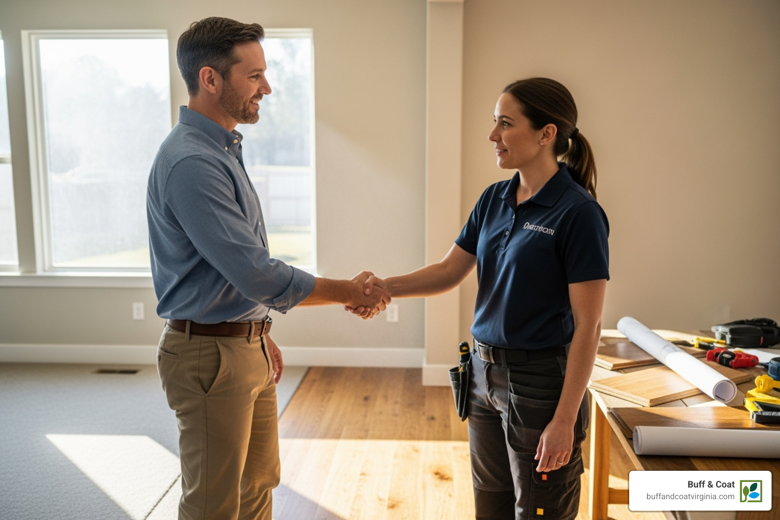 a homeowner shaking hands with a flooring contractor in their home - wood floor refurbishing near me a homeowner shaking hands with a flooring contractor in their home - wood floor refurbishing near me