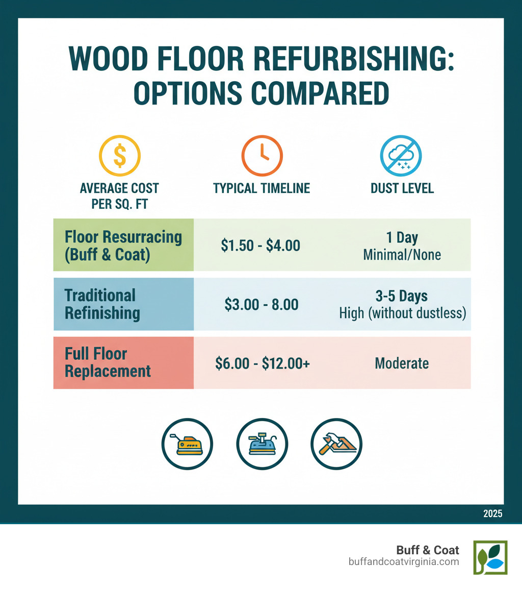 table comparing the average cost, time, and dust level for Floor Resurfacing (Buff & Coat), Traditional Refinishing, and Full Floor Replacement - wood floor refurbishing near me infographic table comparing the average cost, time, and dust level for Floor Resurfacing (Buff & Coat), Traditional Refinishing, and Full Floor Replacement - wood floor refurbishing near me infographic