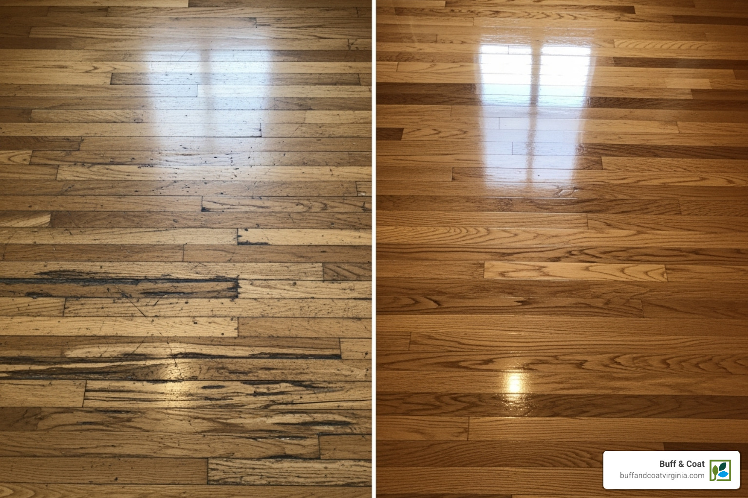 split-screen showing a worn, scratched floor on one side and a beautifully restored floor on the other - wood floor refurbishing near me split-screen showing a worn, scratched floor on one side and a beautifully restored floor on the other - wood floor refurbishing near me